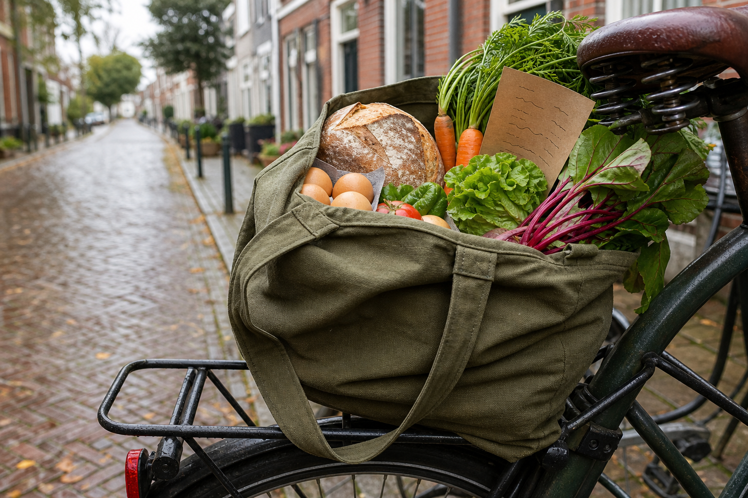 Olijfgroene boodschappentas met brood, eieren en seizoensgroenten op een fiets