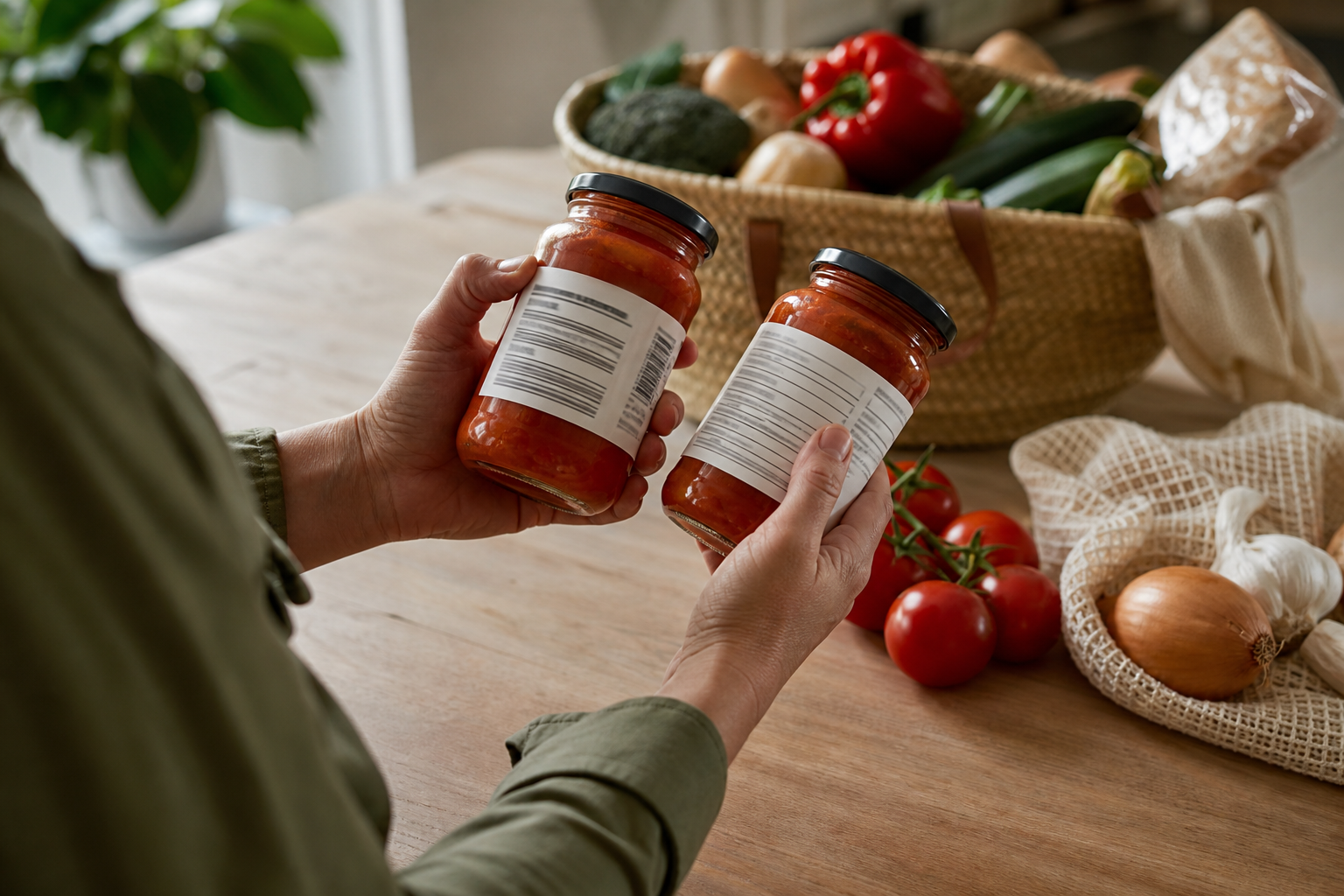 Persoon vergelijkt thuis de etiketten van twee potten tomatensaus naast een boodschappentas