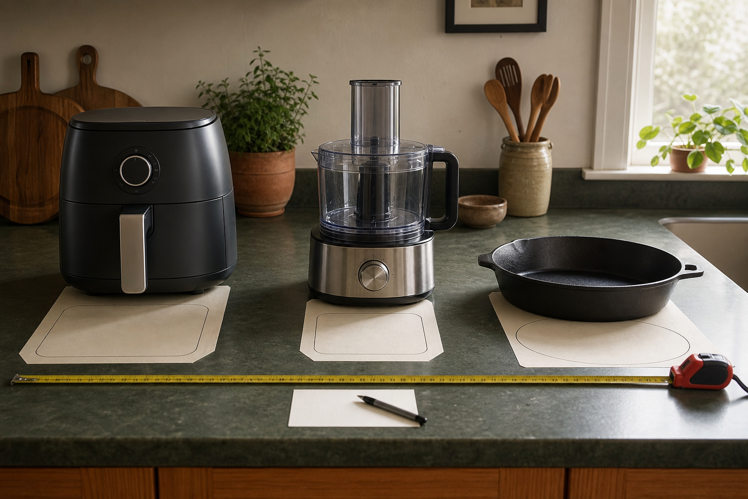 Airfryer, keukenmachine en gietijzeren pan op papieren maatvormen op een keukenblad