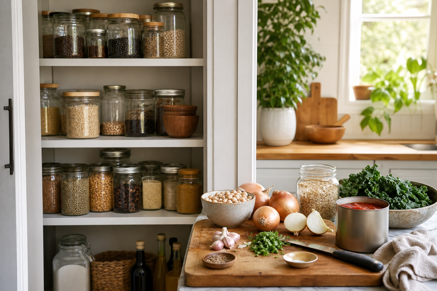 Open voorraadkast met potten peulvruchten, granen, uien en groenten op een snijplank
