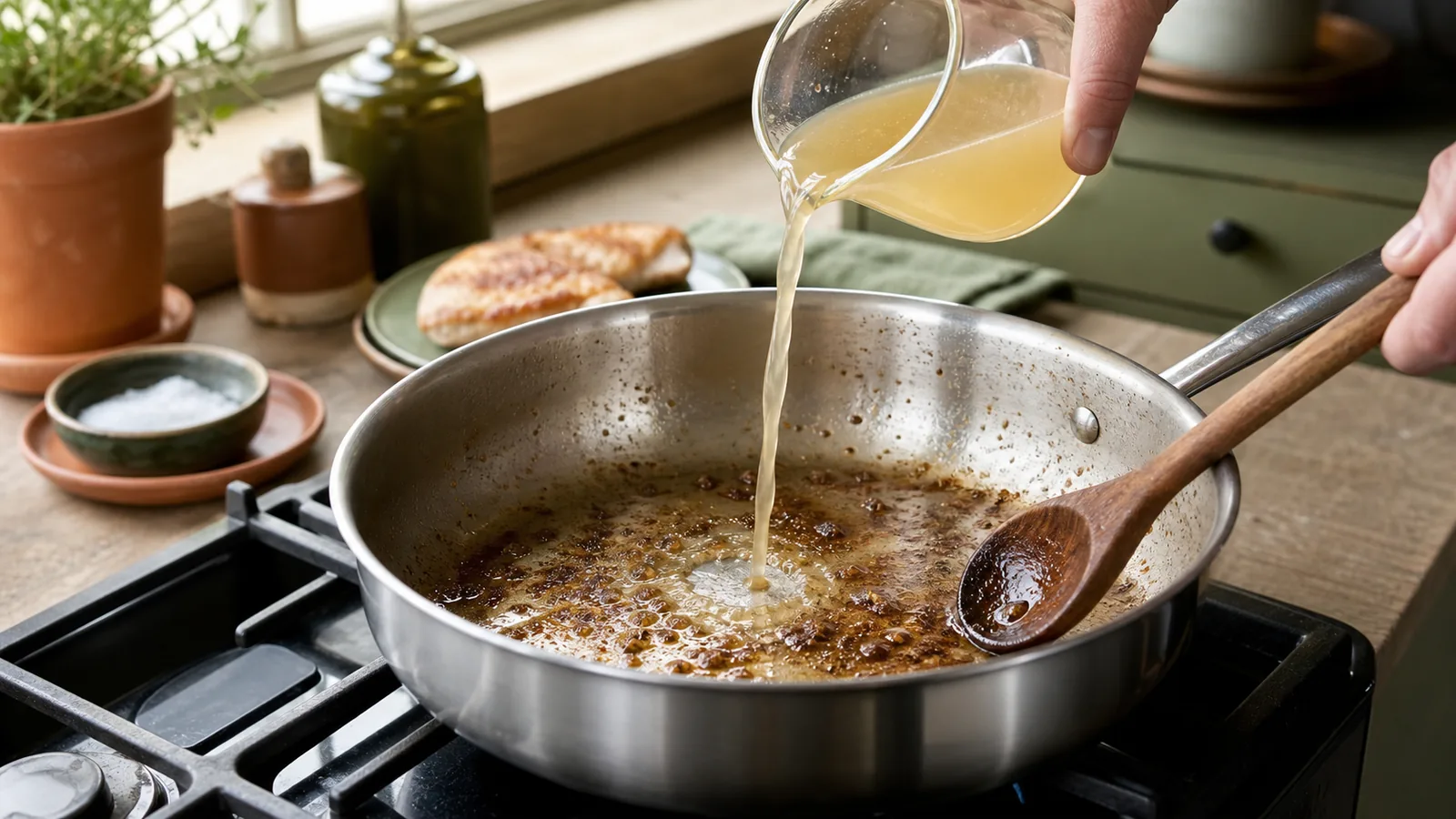 Goudbruine aanbaksels in een roestvrijstalen pan terwijl bouillon wordt toegevoegd voor een pansaus